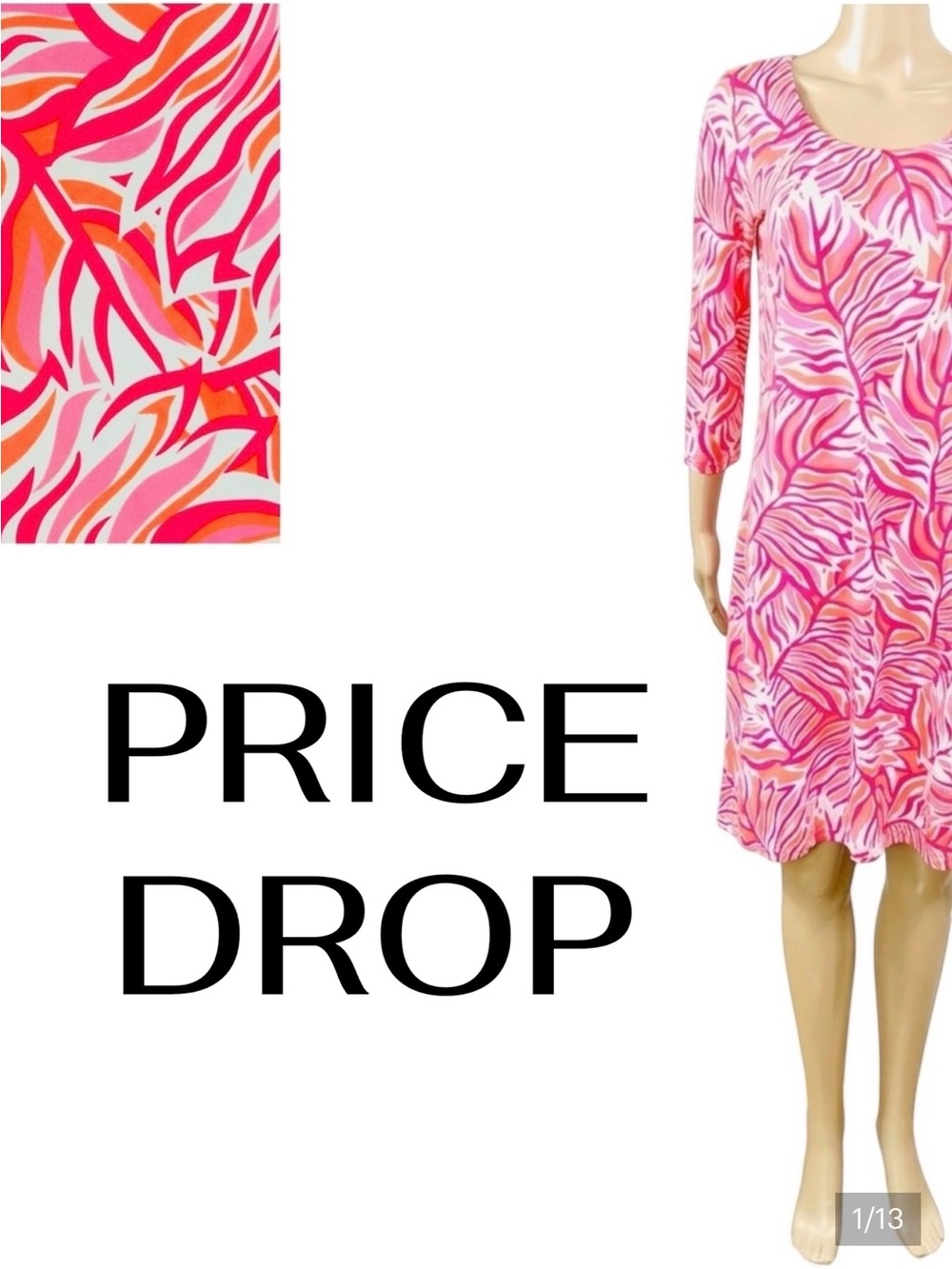 Tango Mango Pink, Coral, White Tropical Palm Leaf knee length dress SPF50 SZ P/S